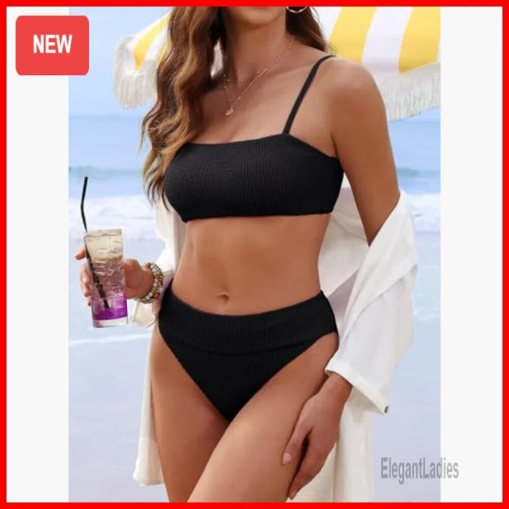 High Waisted Bikini Set Tummy Control Ribbed Texture Adjustable Straps